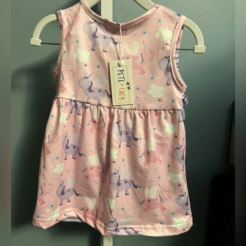 Pete and Lucy Pink and Purple Unicorn Ruffle Tank Top and Striped Capri Set. NWT